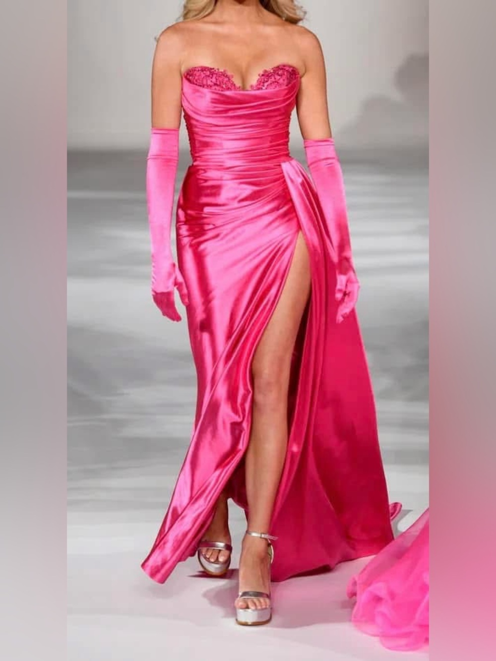 Sherri Hill Hot Pink Strapless Satin Gown with Glove Set
